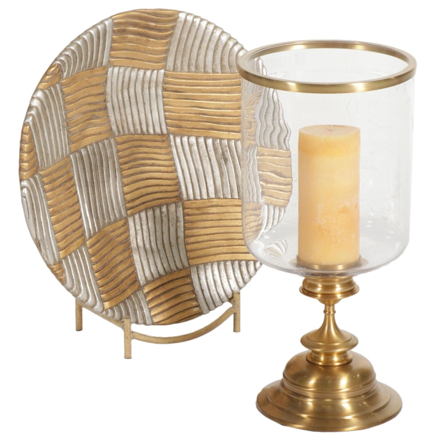 Brass Finish Floor Candle Holder With Decorative Charger and Stand