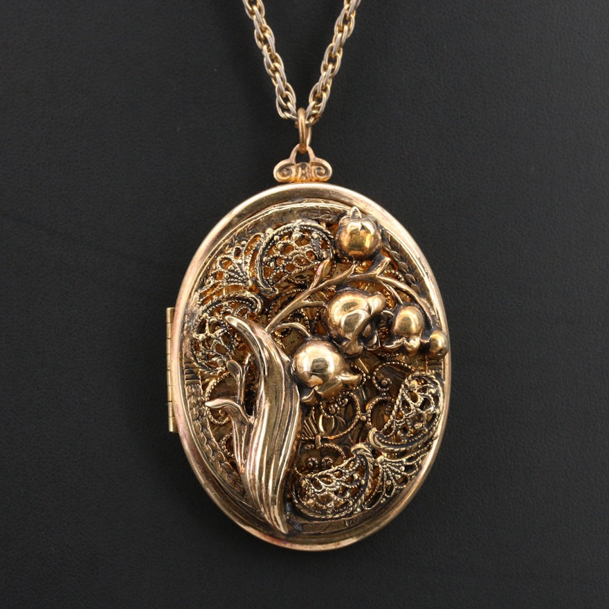 Vintage Lily of the Valley Locket Necklace with Engraved Florets