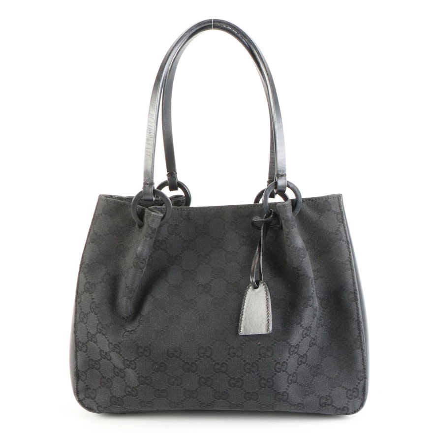 Gucci Small Tote in GG Canvas with Leather Trim and Attached Pouch in Black