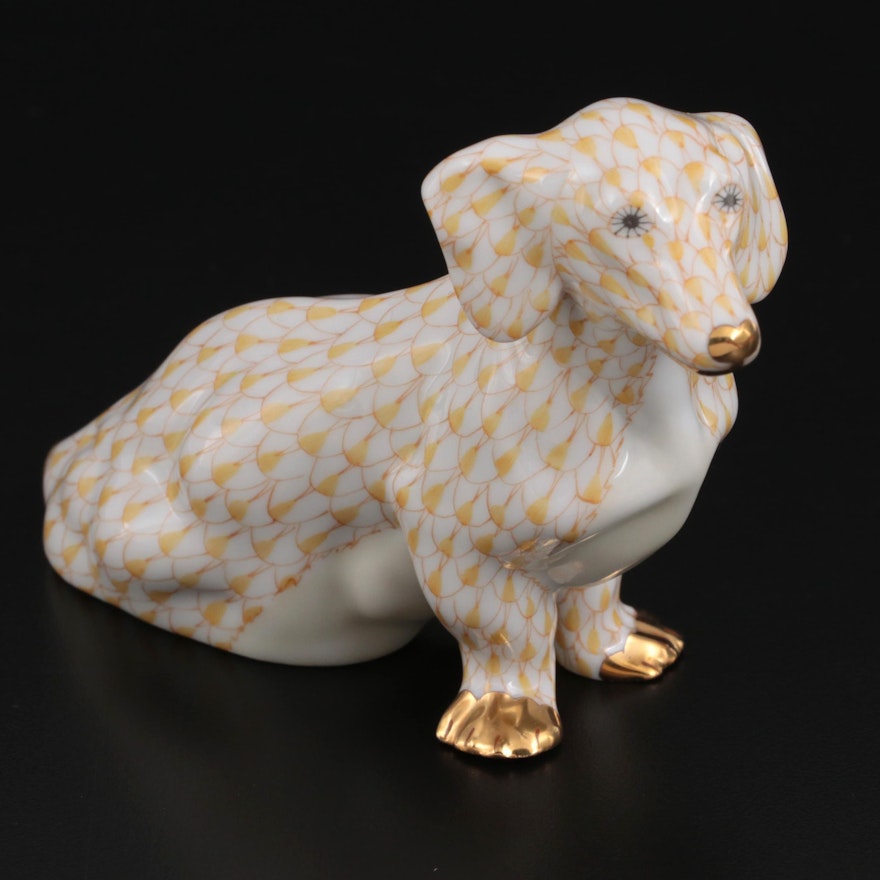 Herend Butterscotch with Gold Fishnet Porcelain Dachshund Figurine