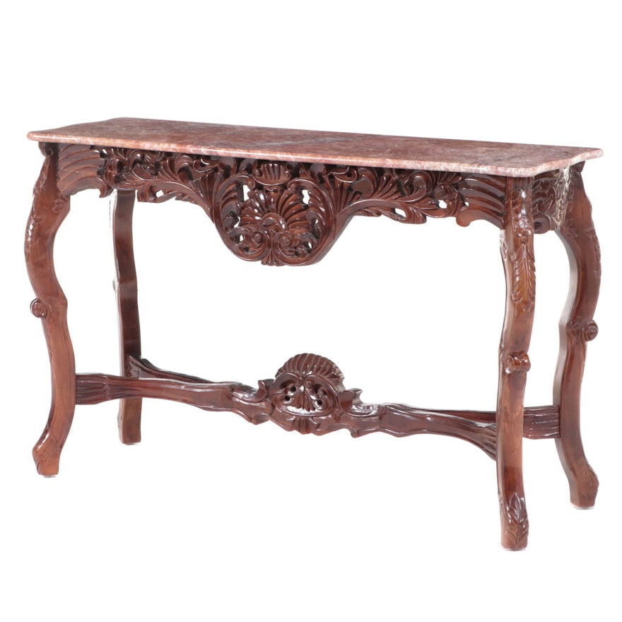 Chinese Carved Hardwood and Rouge Marble Console Table
