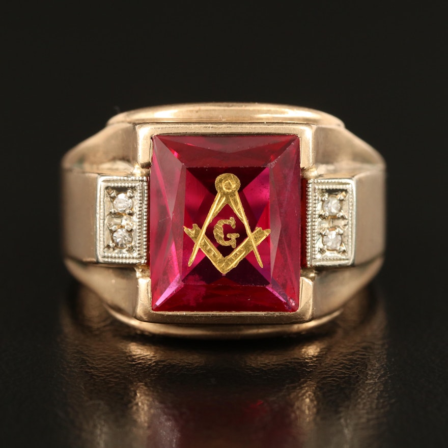 Masonic 10K Ruby and 0.03 CTW Diamond Ring