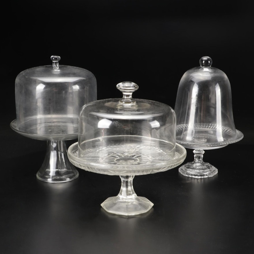 Pressed Glass and Other Glass Cake Stands with Domes,  20th Century