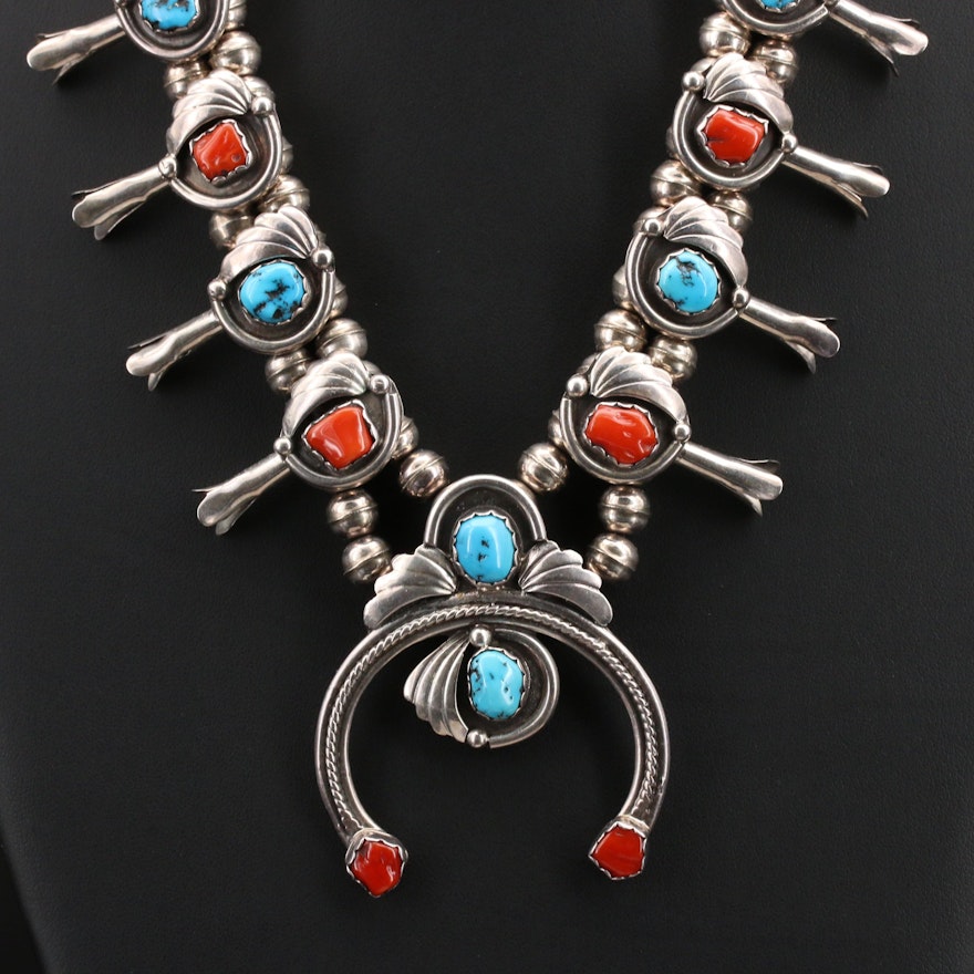 Southwestern Signed Turquoise and Coral Squash Blossom Necklace with Naja