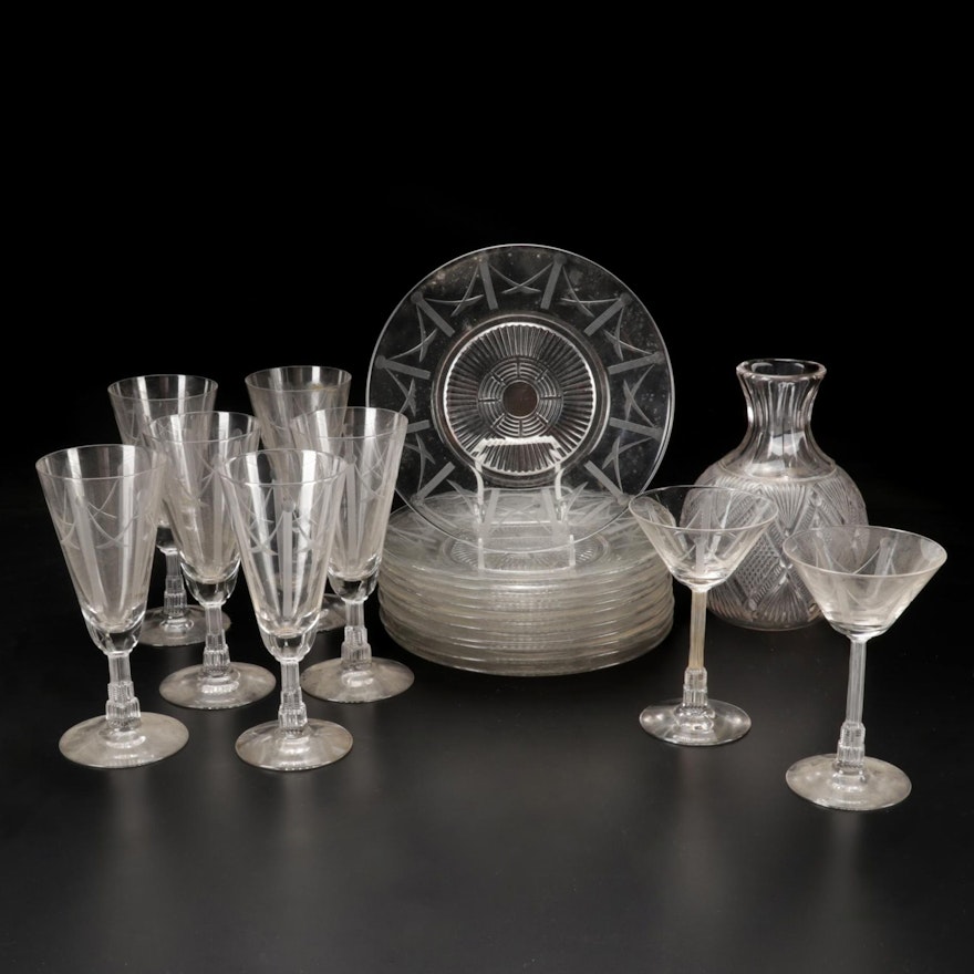 Art Deco Libbey "Malmaison" Plates and Stemware with Other Pressed Glass Carafe