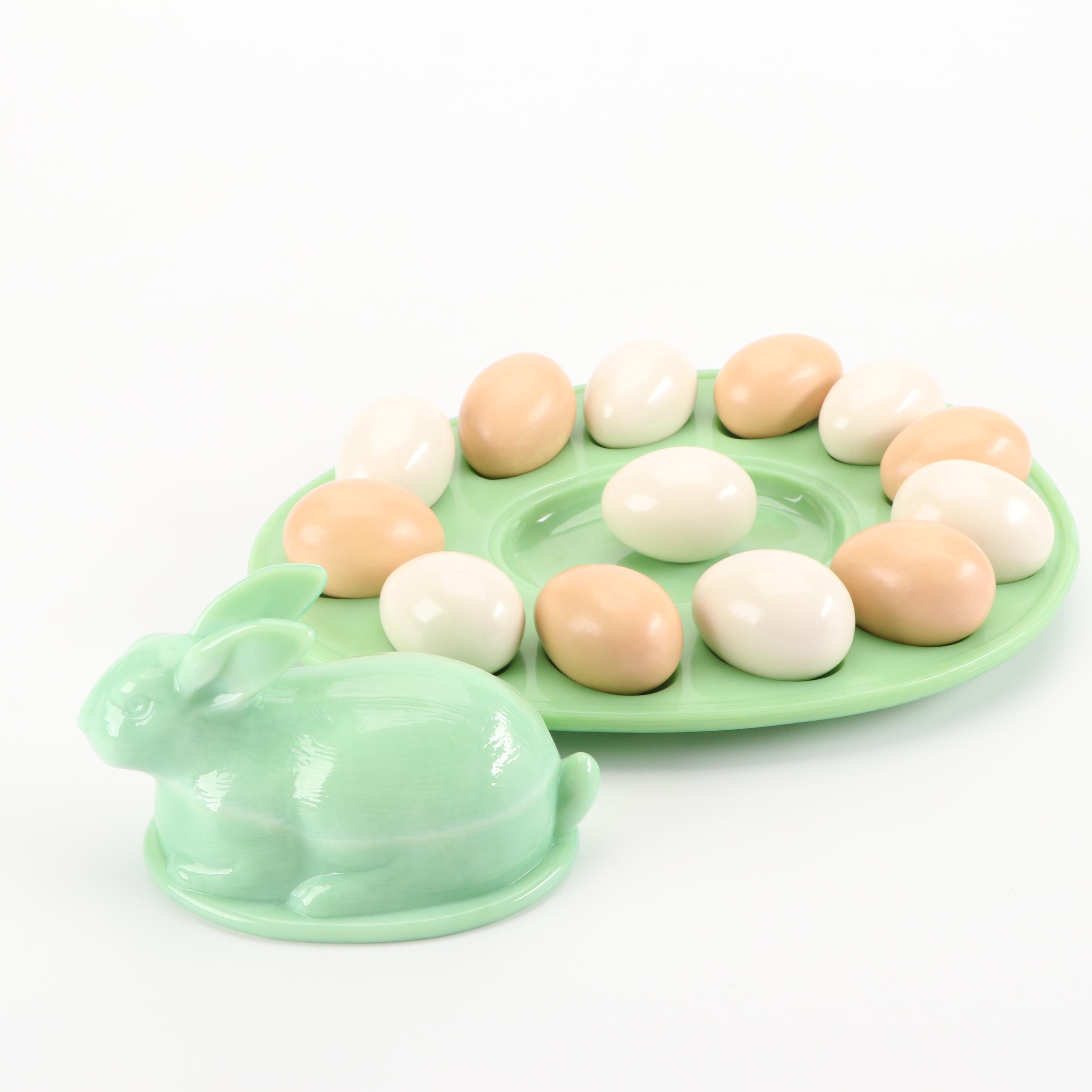 L.E. Smith Jadeite Glass Bunny Deviled Egg Plate with Ceramic Eggs