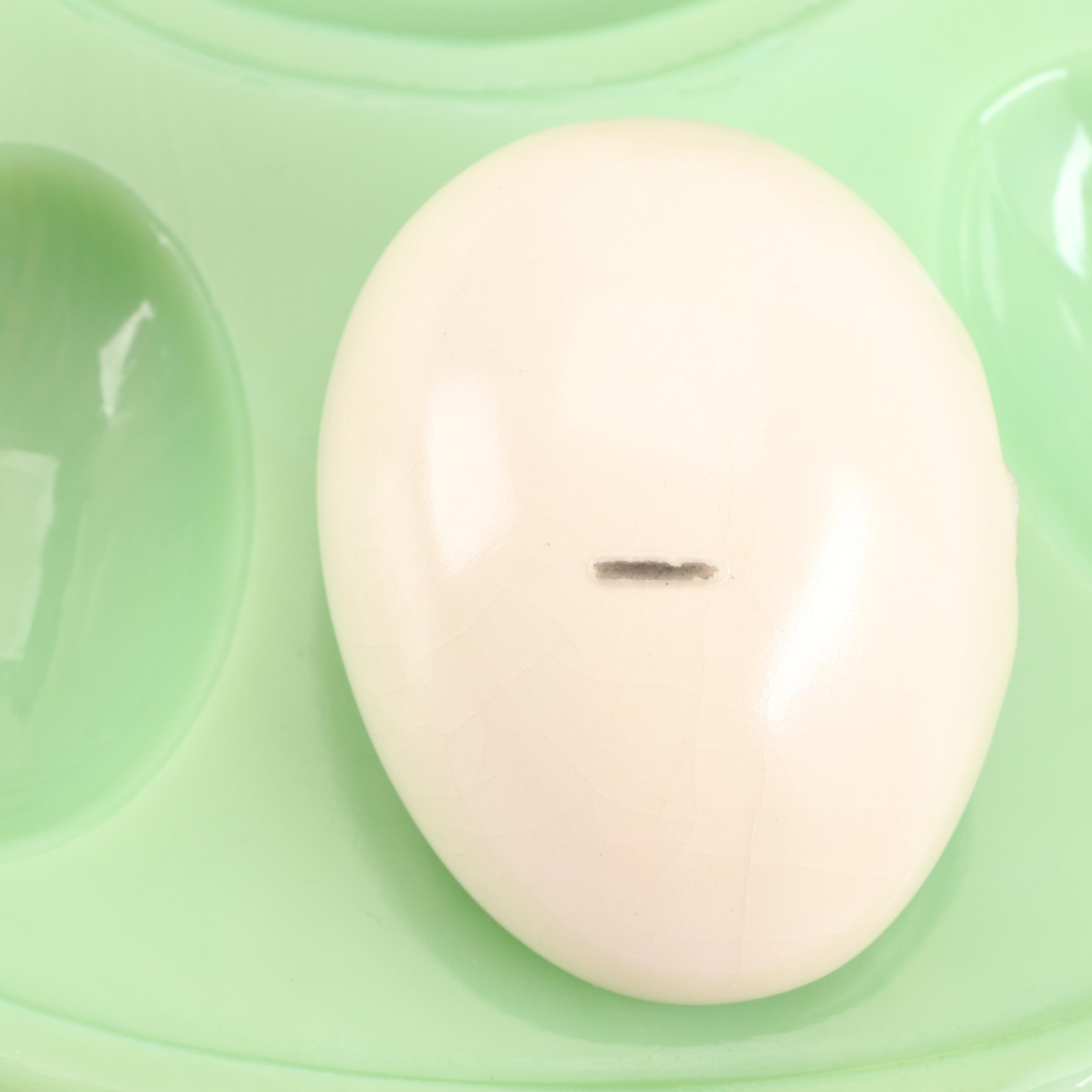 L.E. Smith Jadeite Glass Bunny Deviled Egg Plate with Ceramic Eggs