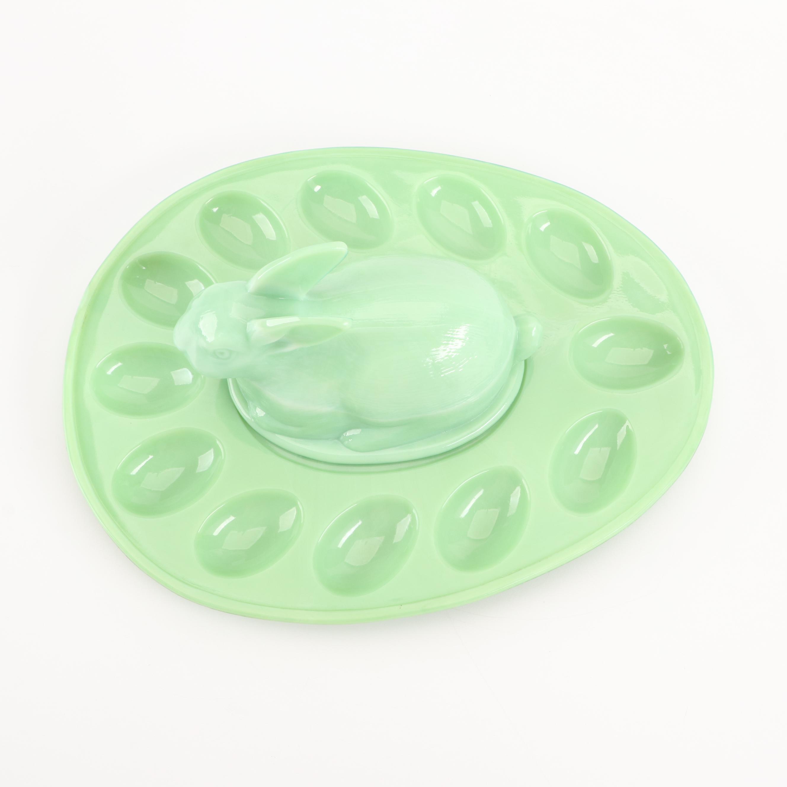 L.E. Smith Jadeite Glass Bunny Deviled Egg Plate with Ceramic Eggs