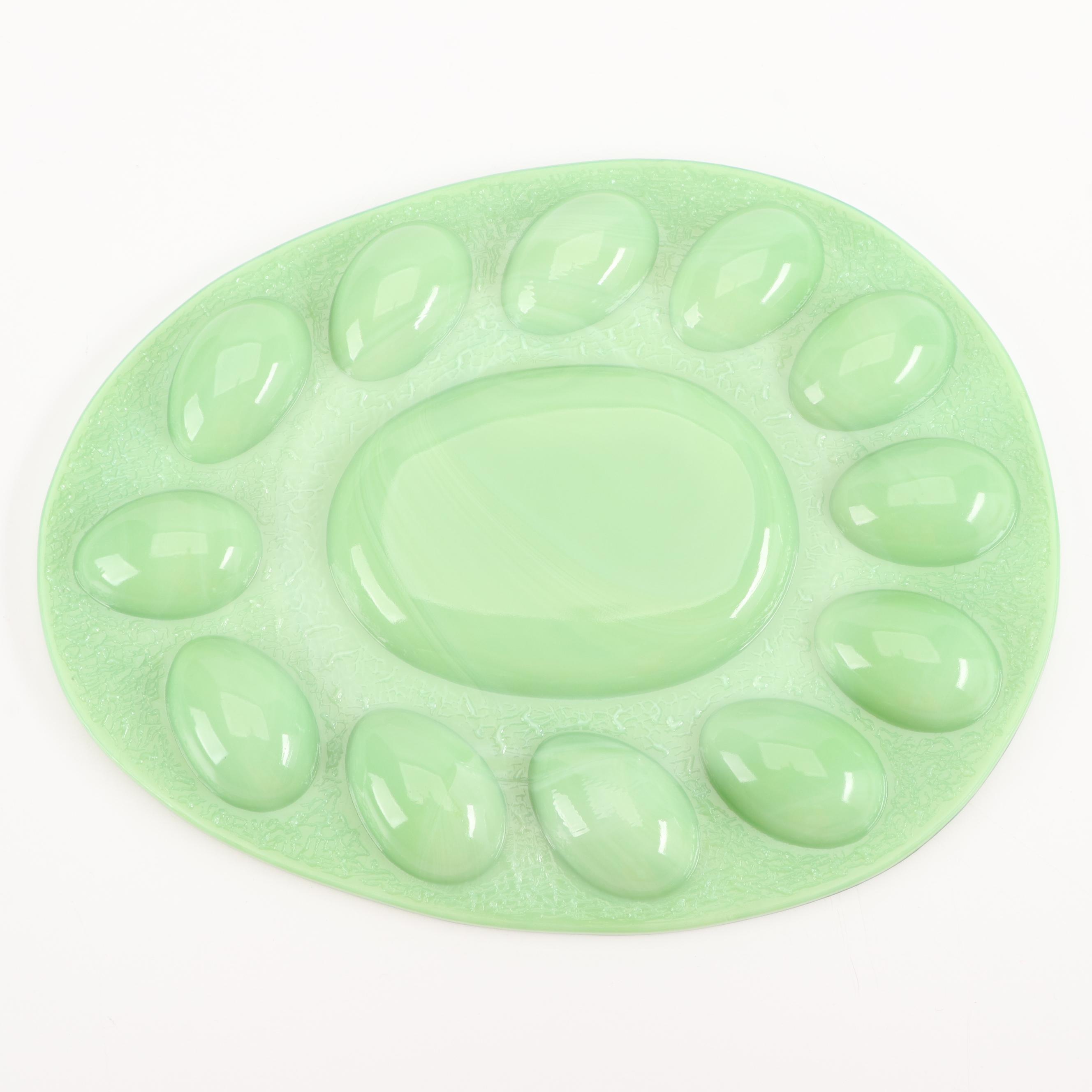 L.E. Smith Jadeite Glass Bunny Deviled Egg Plate with Ceramic Eggs