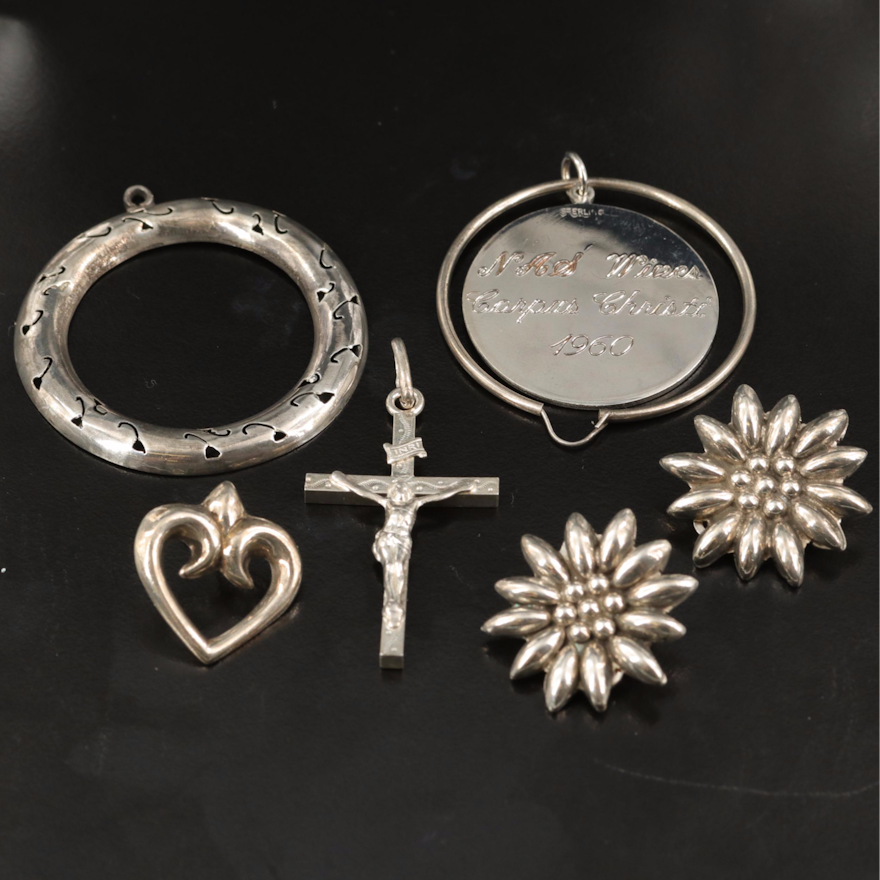 Sterling Scrap Including Crucifix Pendant and Floral Clip-On Earrings