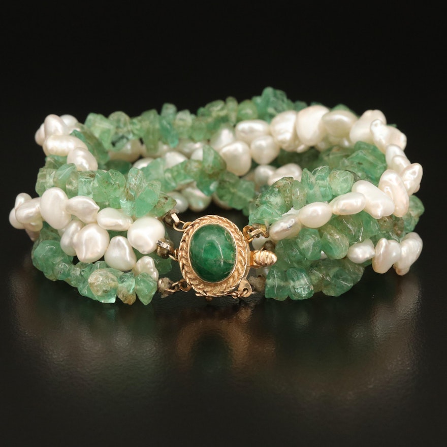 Emerald and Pearl Multi-Strand Bracelet with 14K Clasp