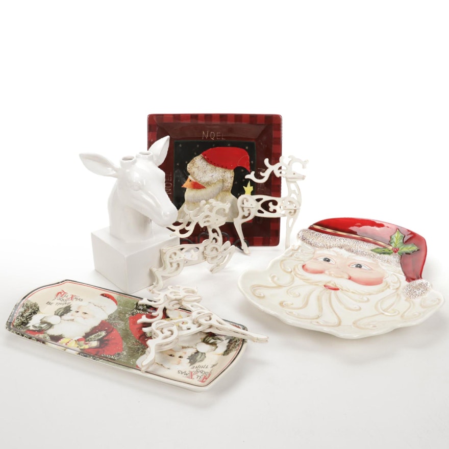 Holiday Plates, Ornaments, and Ceramic Reindeer Candle Holder