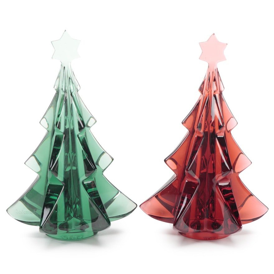 Baccarat Crystal Red and Green Christmas Fir Trees Figurines