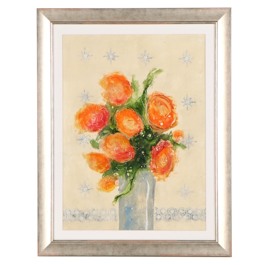 Ursula J. Brenner Mixed Media Painting of a Floral Still Life