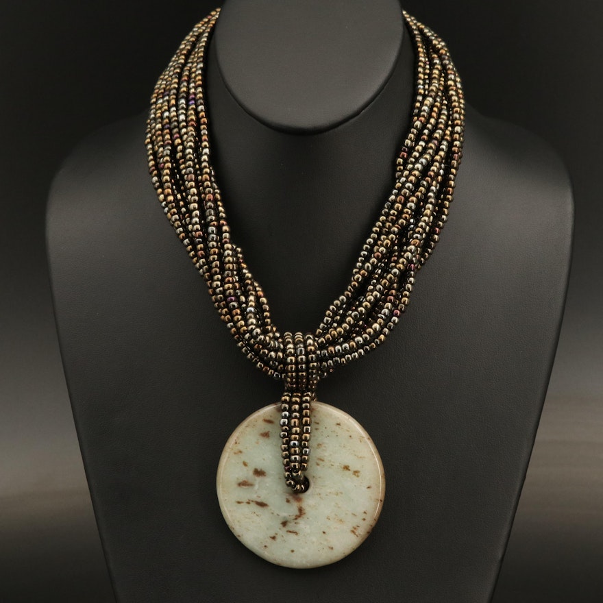 Serpentine Bi Pendant on Multi-Strand Beaded Necklace