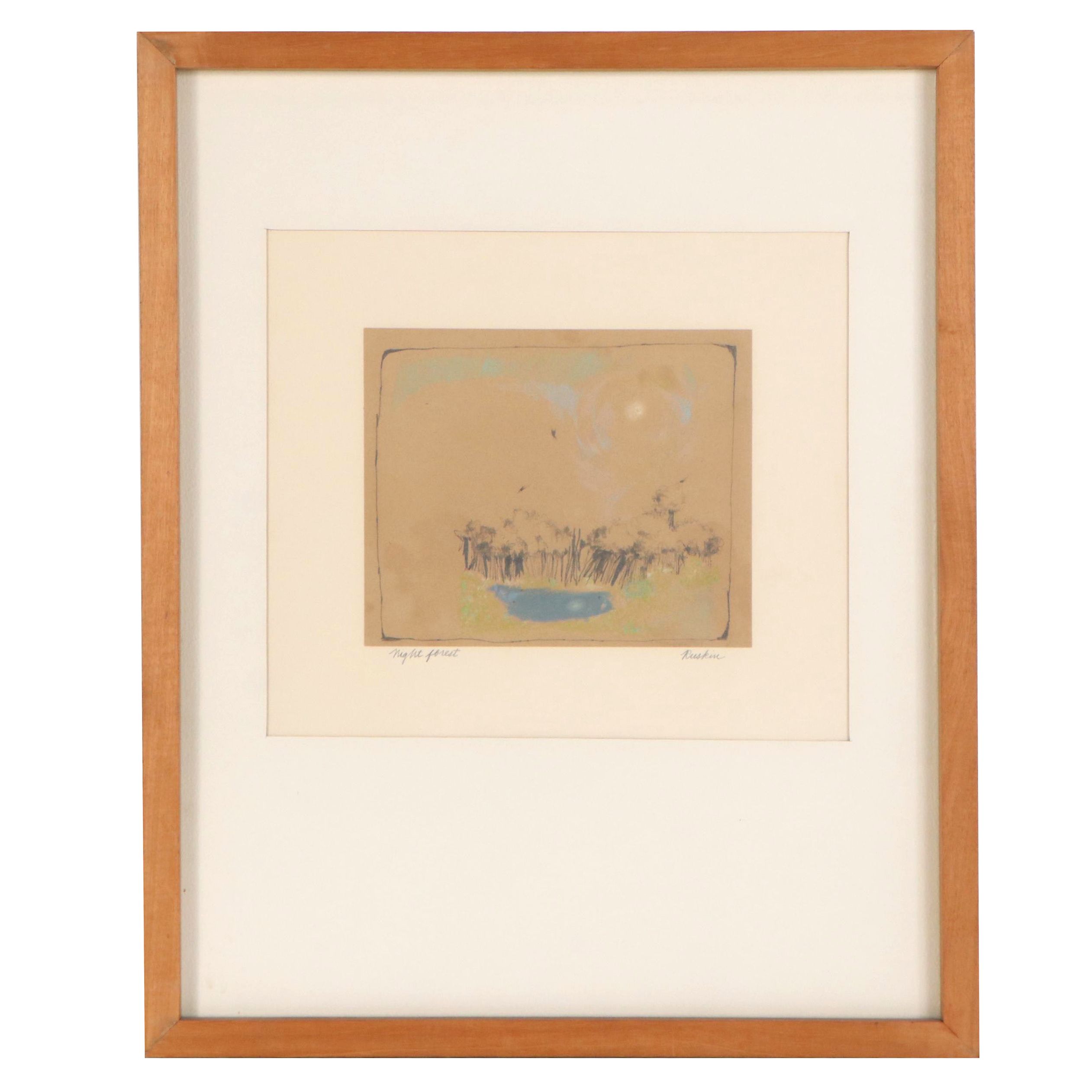 Ruskin Landscape Graphite and Pastel Drawing "Night Forest"