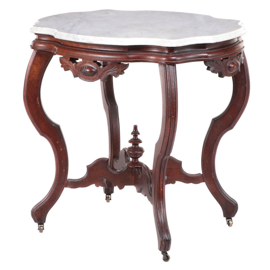 American Rococo Revival Carved Walnut and White Marble Side Table
