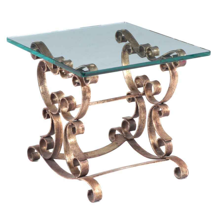 Hollywood Regency Style Gilt Iron and Glass Top Side Table