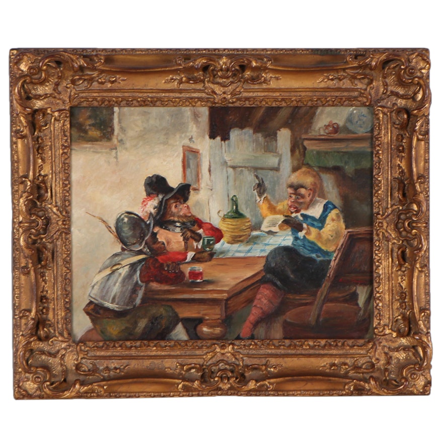 Oil Painting of Primates in Tavern, Late 20th Century