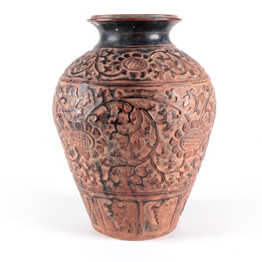 Southeast Asian Style Ceramic Urn with Vine Motif, Late 20th Century
