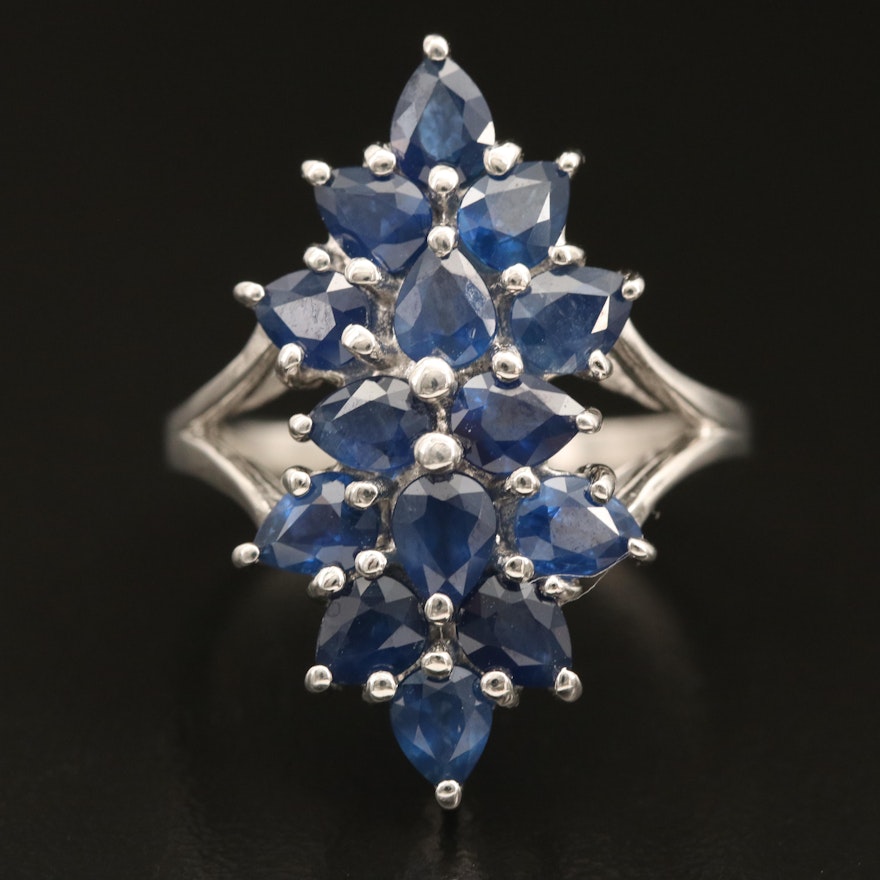 Sterling Sapphire Cluster Navette Ring