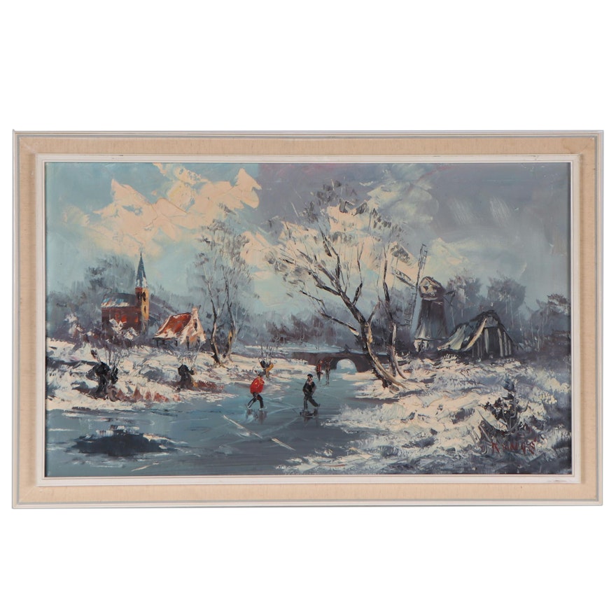 Impasto Oil Painting of an Ice Skating Scene, Late 20th Century