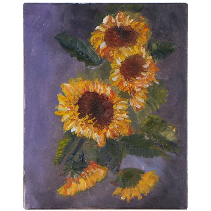 Still Life Oil Painting of Sunflowers, Late 20th Century