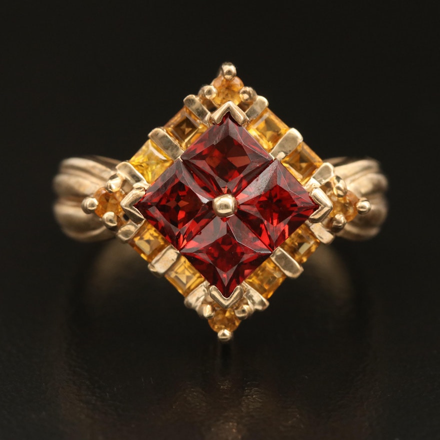 10K Garnet and Citrine Ring with Fluted Shoulders