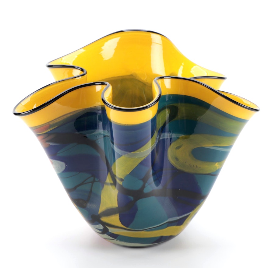Artist Signed Abstract Art Glass Ruffled Rim Vase