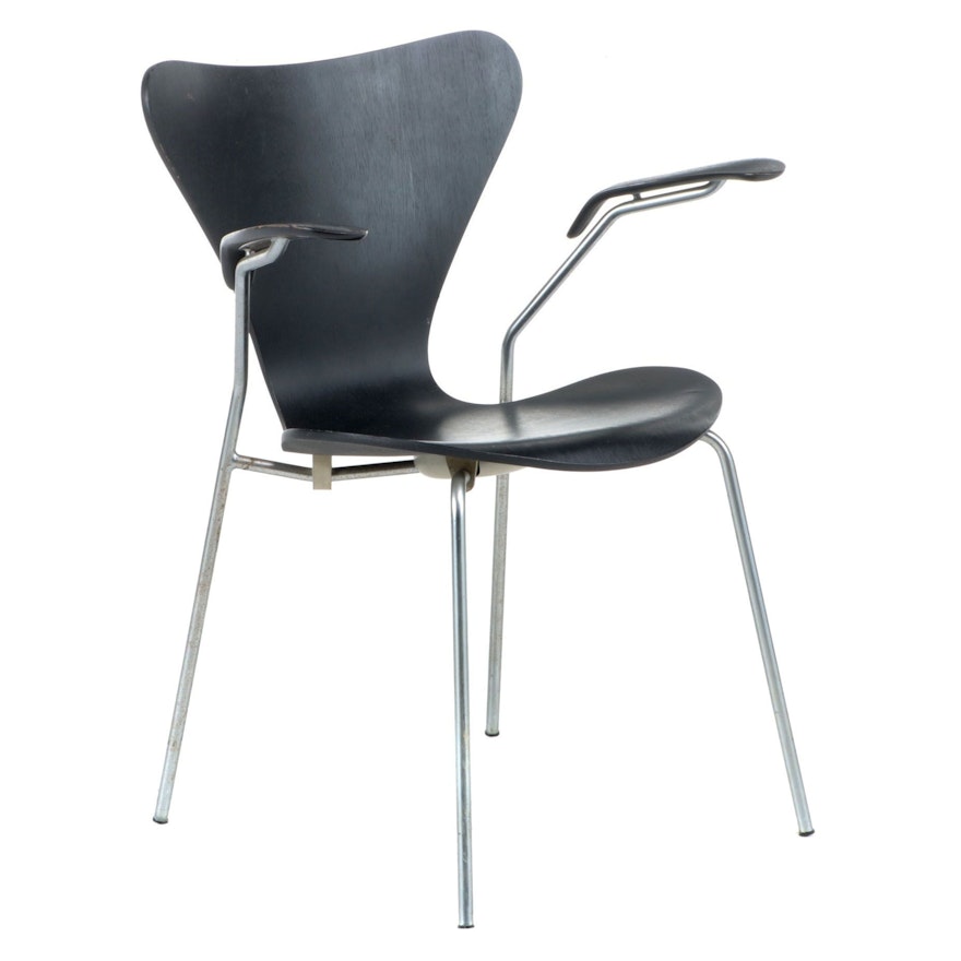 Arne Jacobsen for Fritz Hansen Chromed Steel and Laminated Wood Armchair, 1970