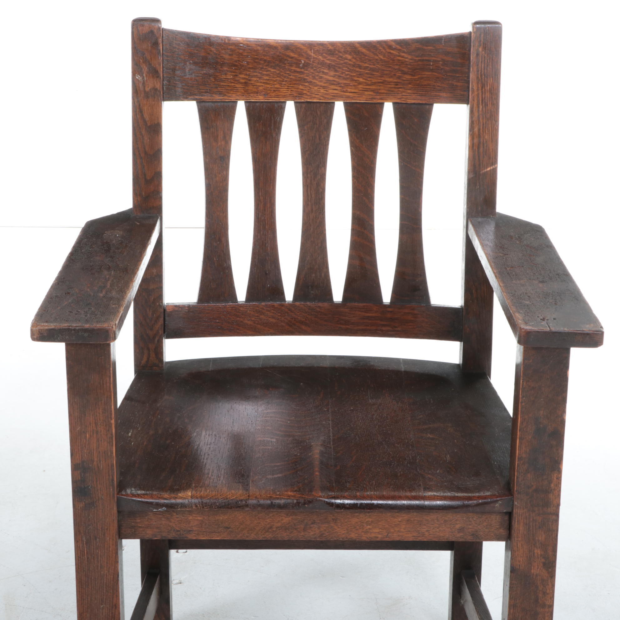 Four Paine Furniture Co. Arts and Crafts Quartersawn Oak Slat-Back Armchairs