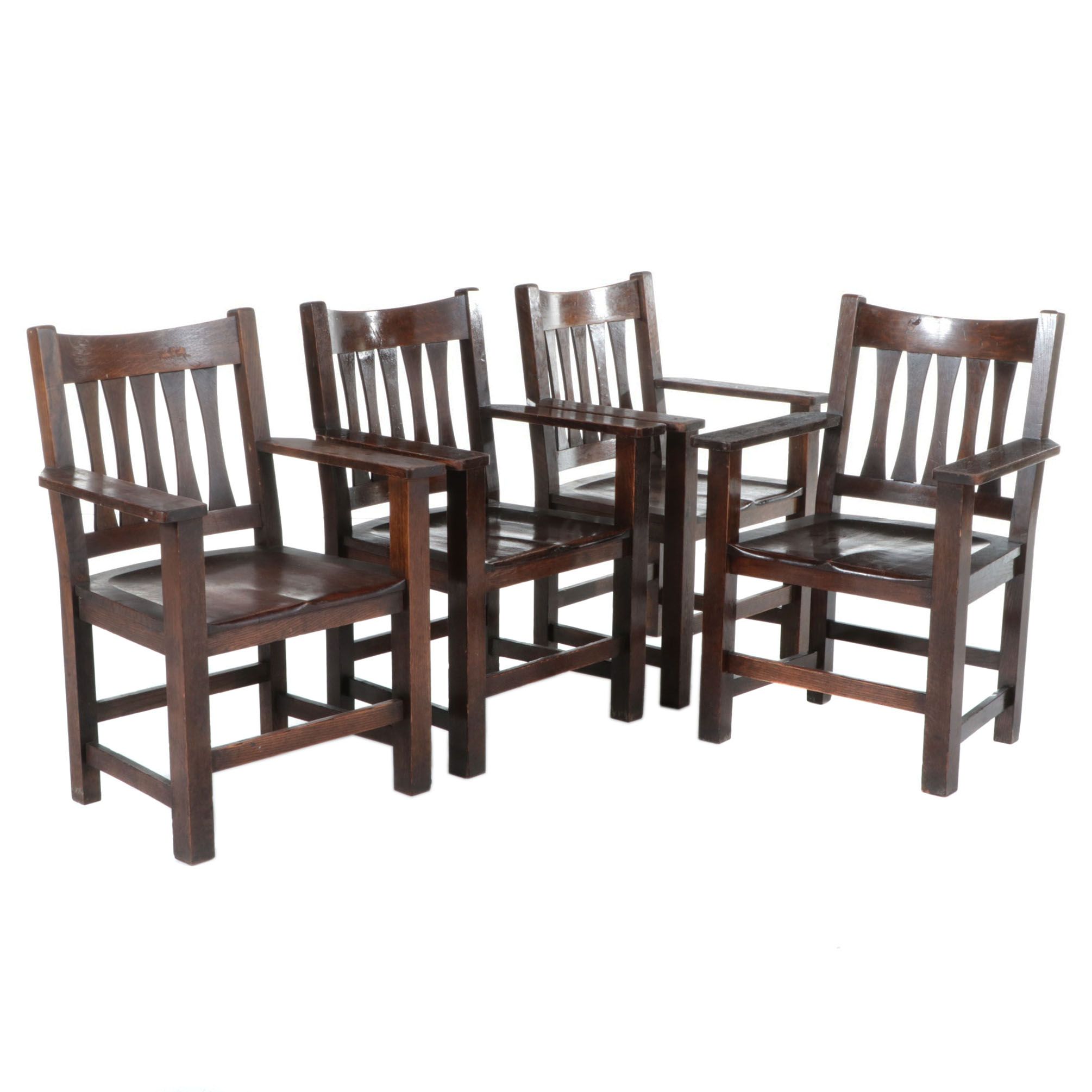 Four Paine Furniture Co. Arts and Crafts Quartersawn Oak Slat-Back Armchairs