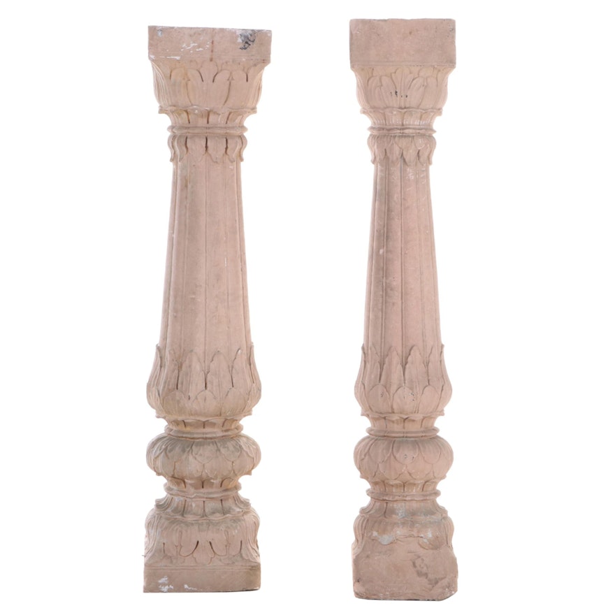 Pair of Mughal Carved Sandstone Architectural Columns, 16th Century