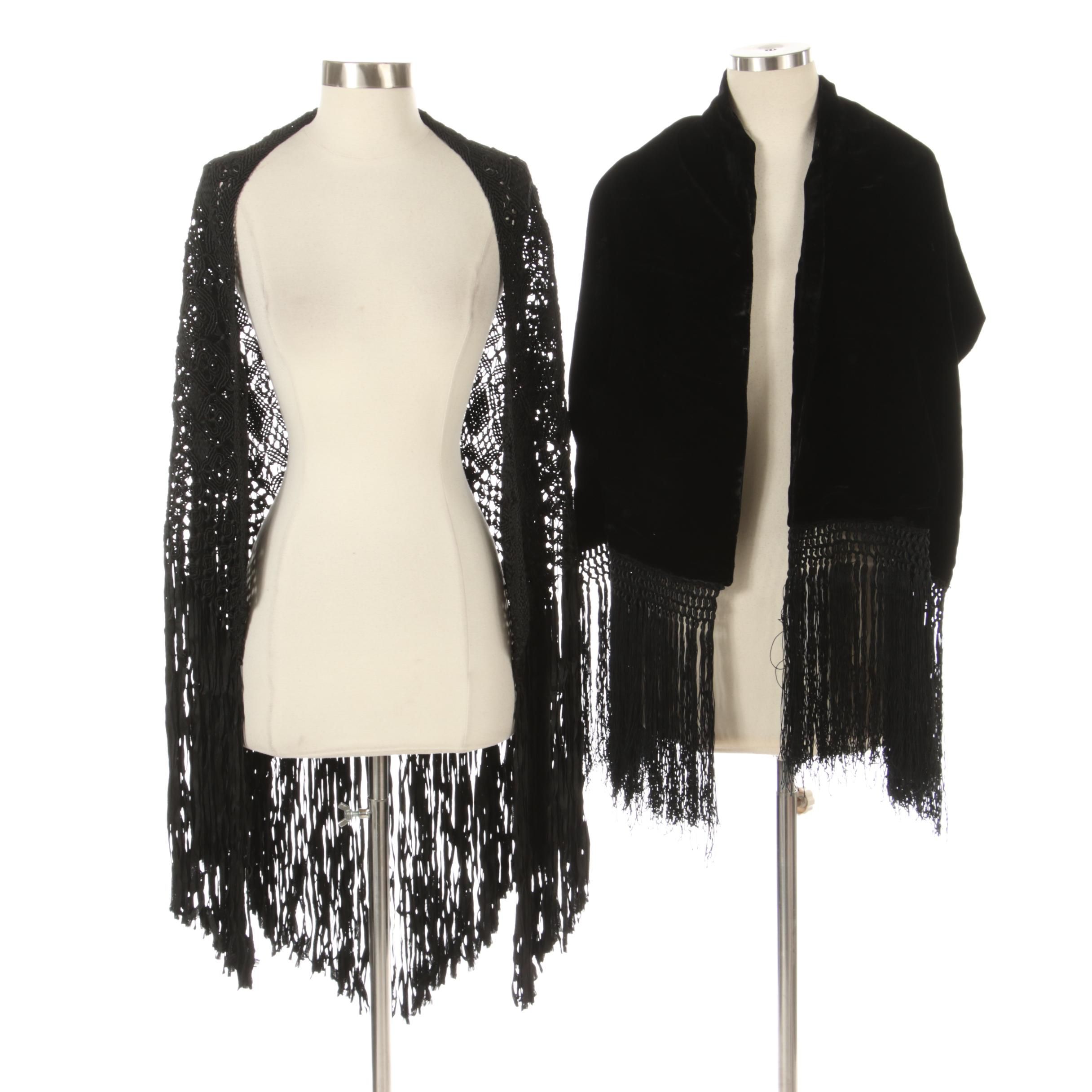 Shawl in Black Ribbon Lace and Wrap in Black Velvet with Fringe