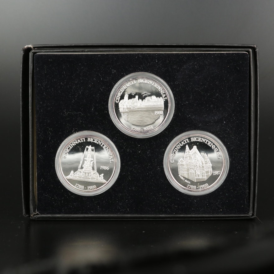 Three Cincinnati Bicentennial .999 Fine Silver One Ounce Rounds