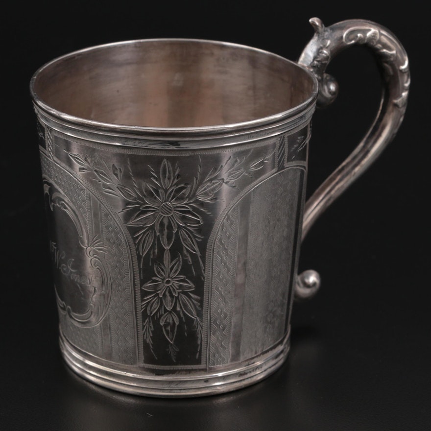 American Chased Coin Silver Handled Cup, Mid-19th Century