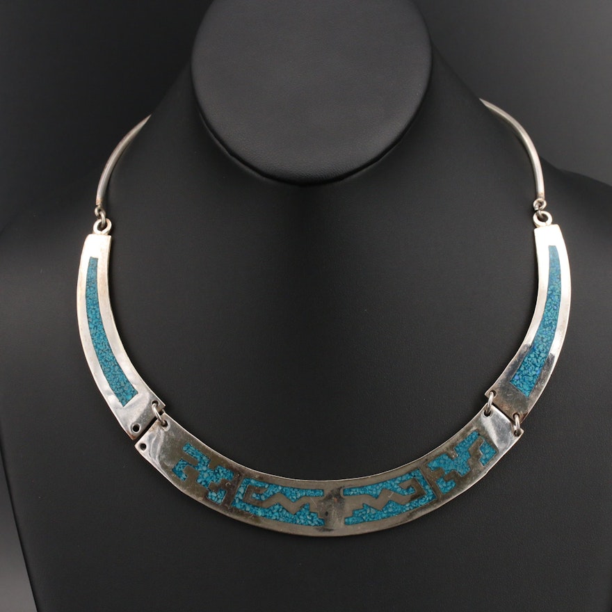 Mexican Sterling Turquoise Inlay Necklace