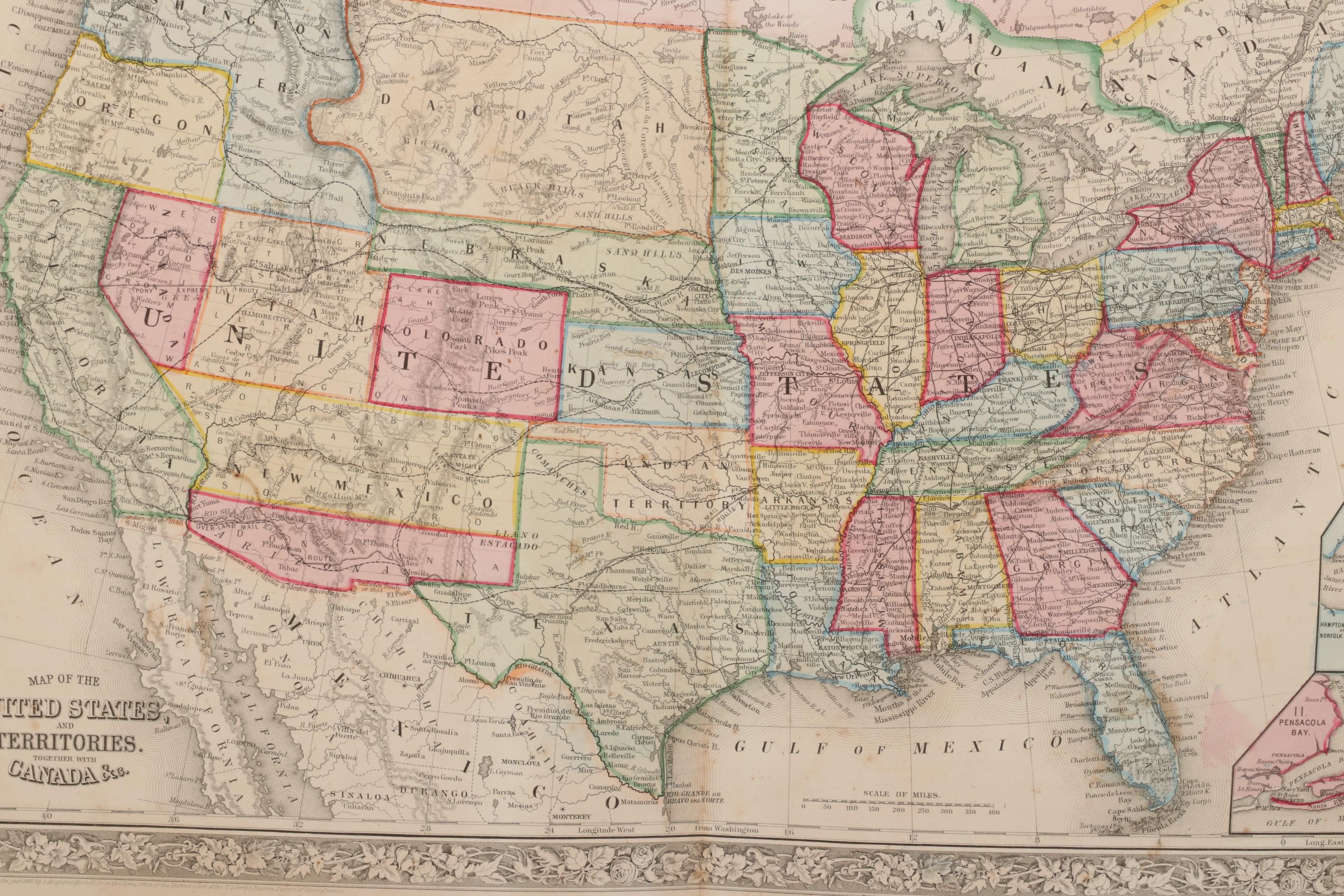 S. Augustus Mitchell Hand-Colored Engraving Map of United States and Territories