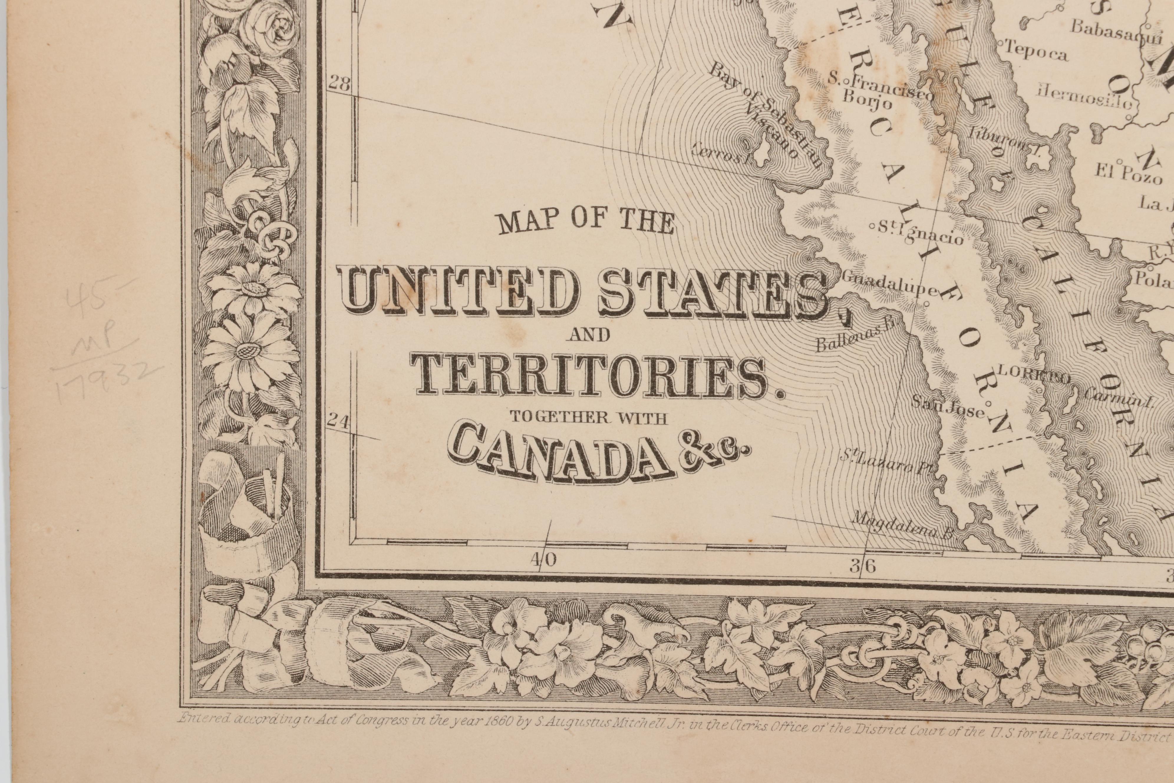 S. Augustus Mitchell Hand-Colored Engraving Map of United States and Territories