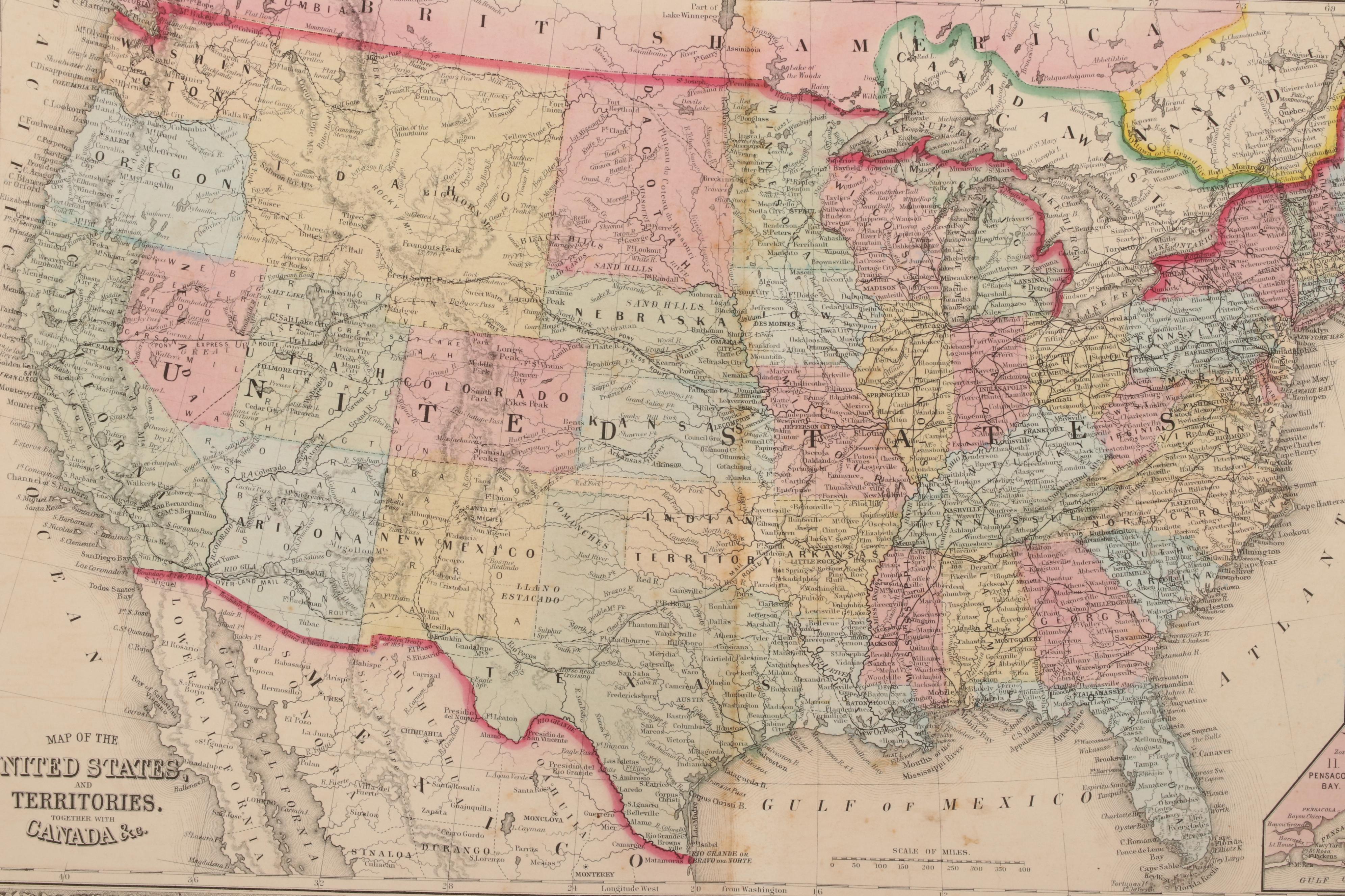 S. Augustus Mitchell Hand-Colored Engraving Map of United States and Territories