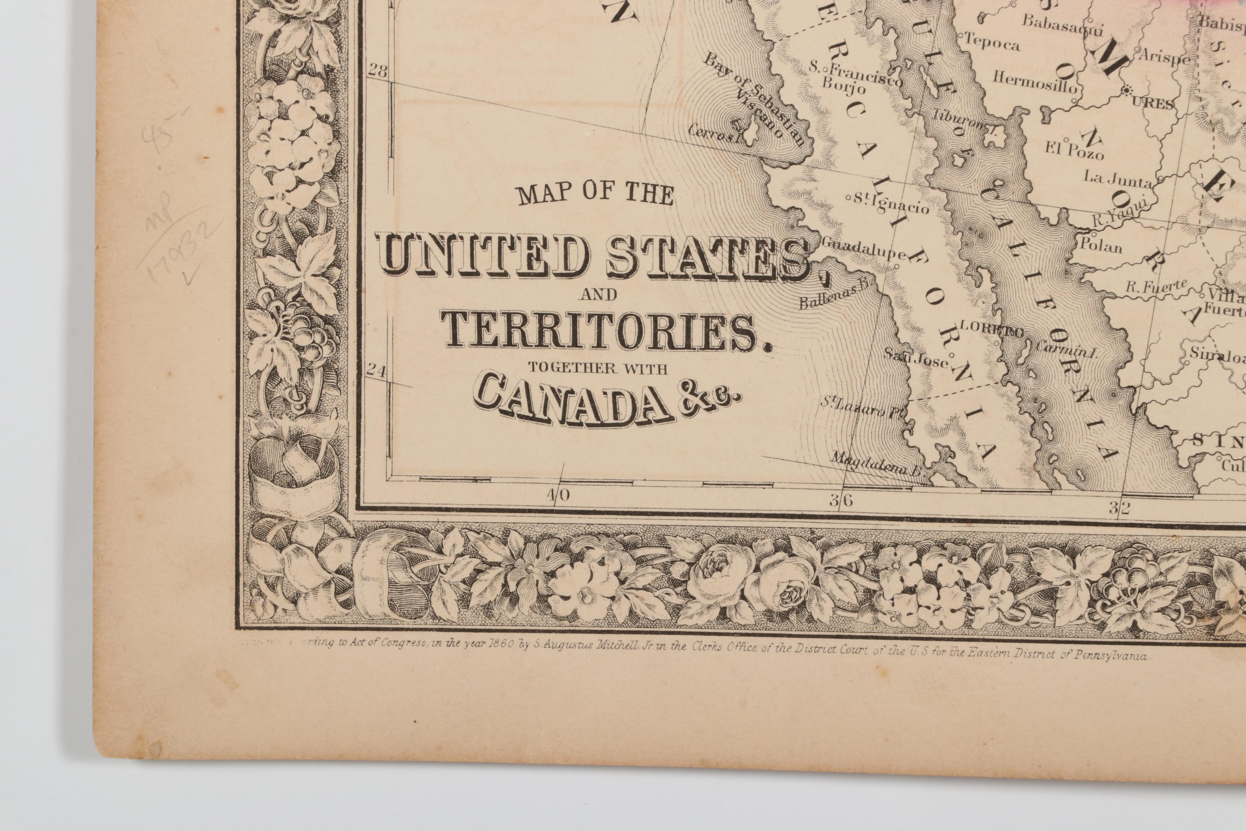 S. Augustus Mitchell Hand-Colored Engraving Map of United States and Territories