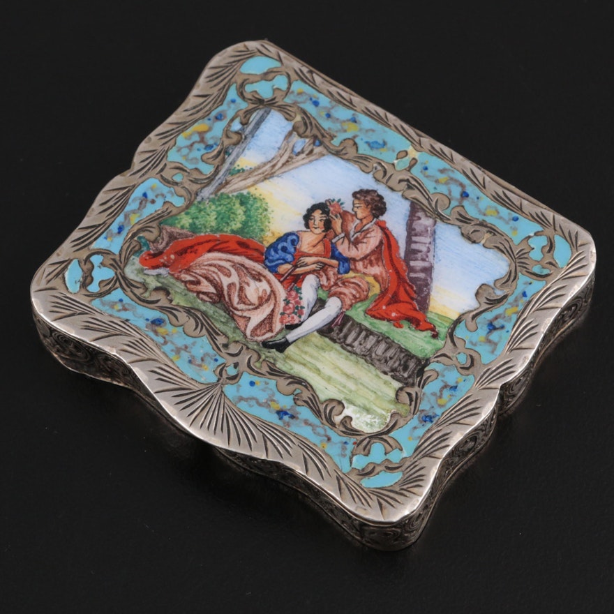 Italian 800 Silver and Enamel Compact, Late 19th/Early 20th Century