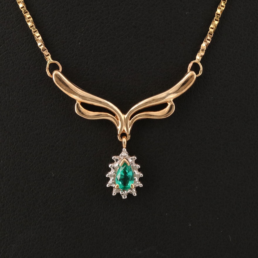 10K Emerald and Diamond Pendant with 14K Box Chain