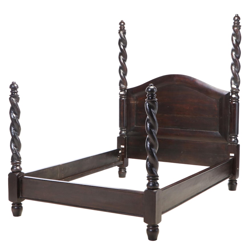 Mahogany-Stained Queen Size Four Post Barley Twist Bed