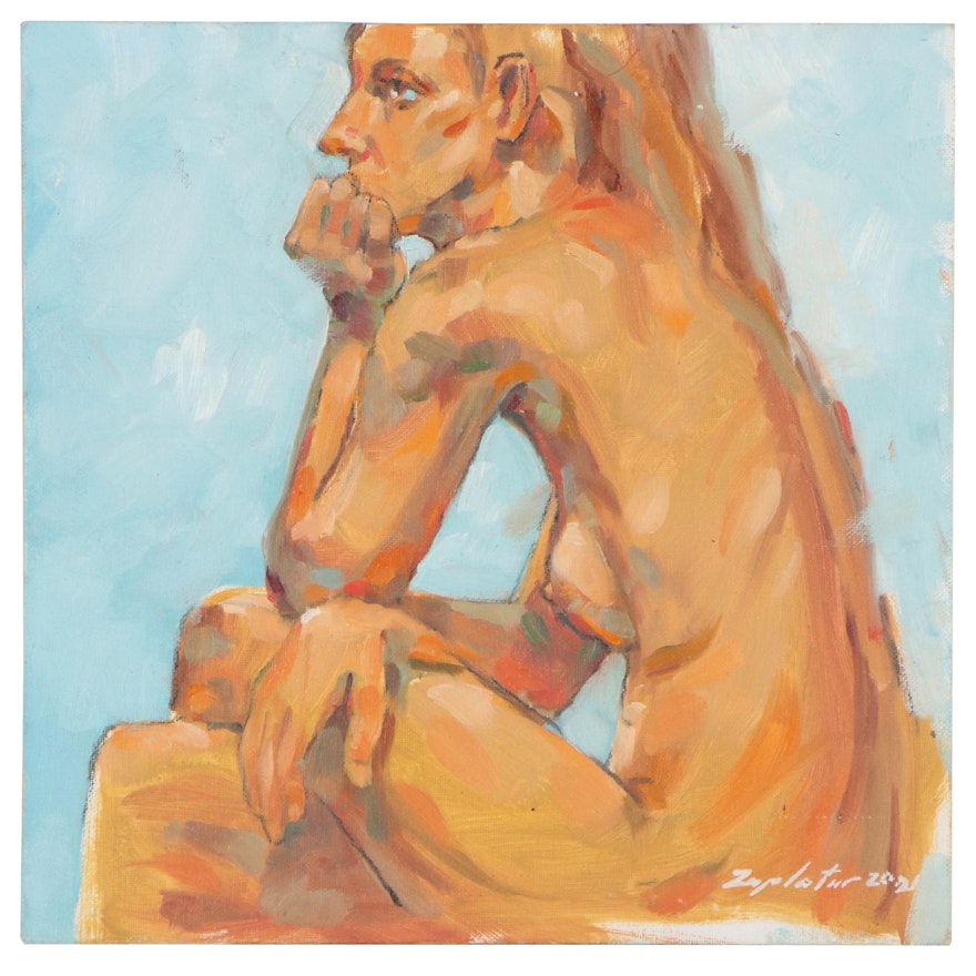 Raymond Zaplatar Figurative Oil Painting of Seated Female Nude, 2021