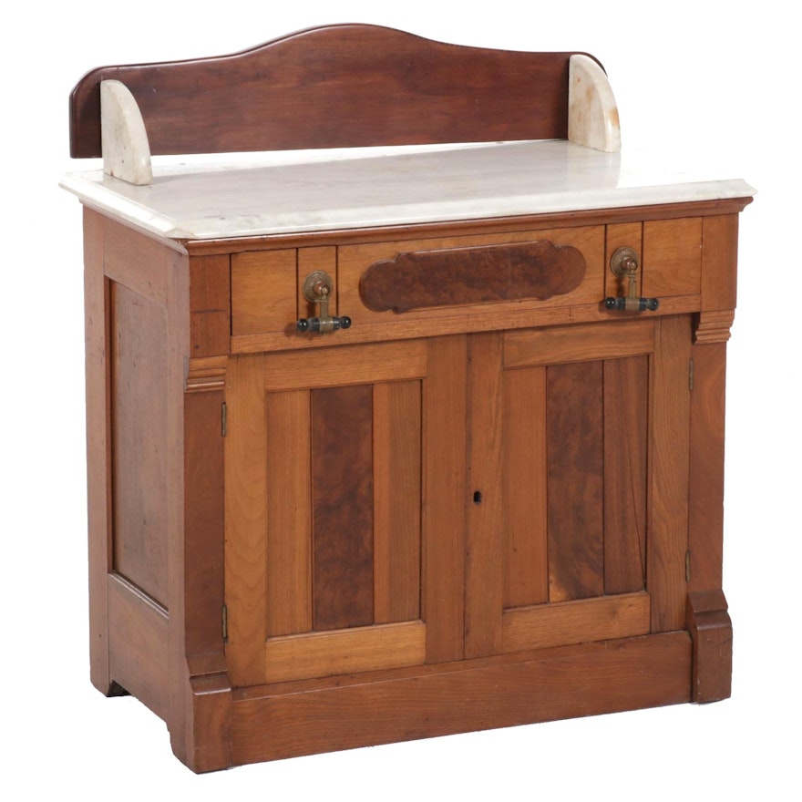 Victorian Marble Top Walnut and Burl Walnut Washstand, Late 19th Century