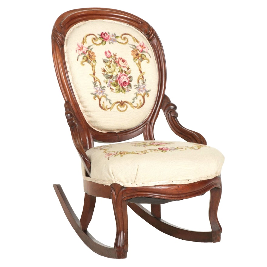 Victorian Walnut Rocking Chair with Needlepoint Upholstery, Early 20th Century