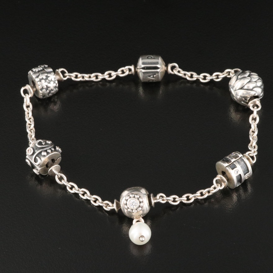 Pandora Sterling Silver Pearl and Cubic Zirconia Station Bracelet