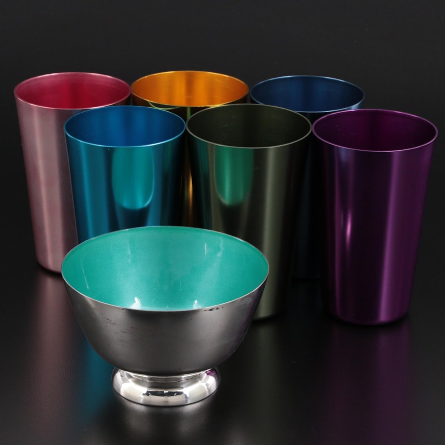 Towle Sterling Silver and Enamel Bowl with Multi-Colored Metal Tumblers