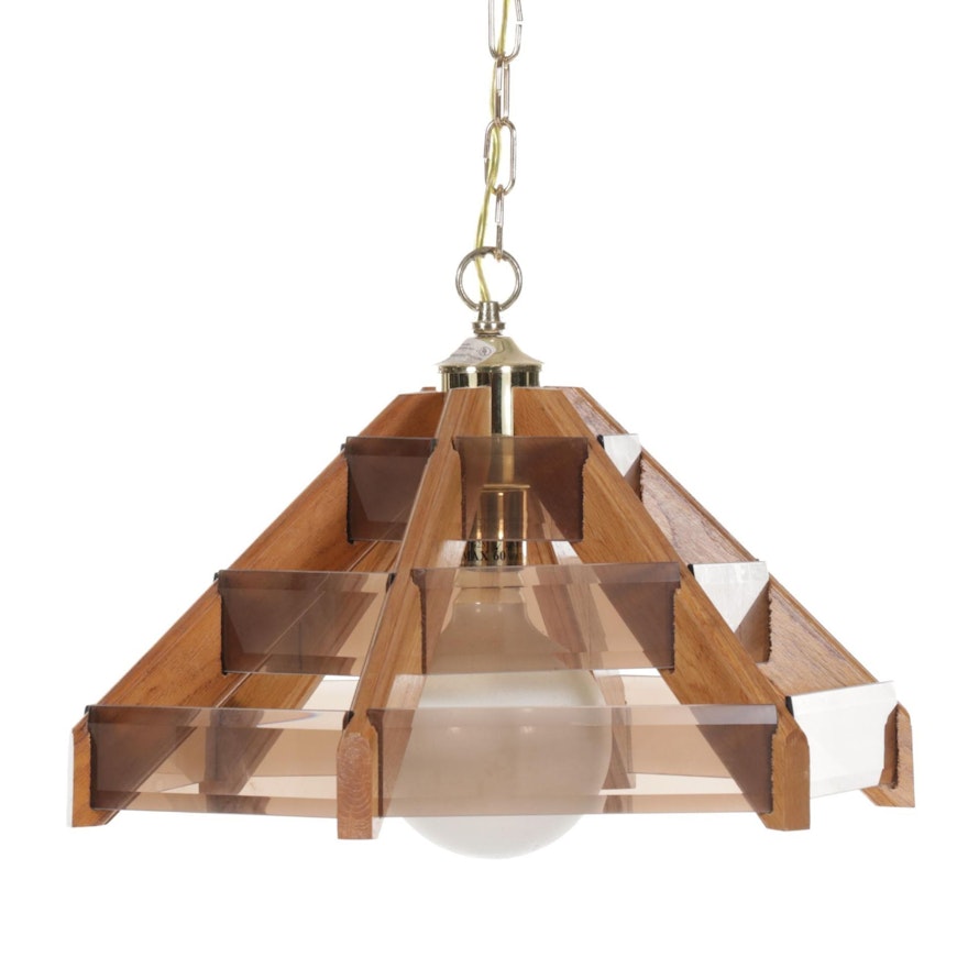 Oak and Smoky Glass Hanging Pendant Light